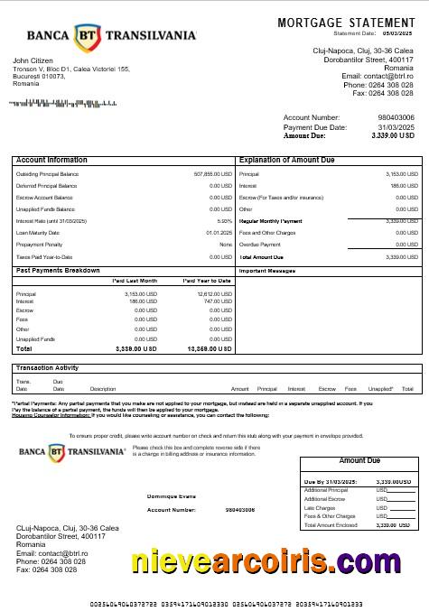 Romania Banca Transilvania mortgage statement